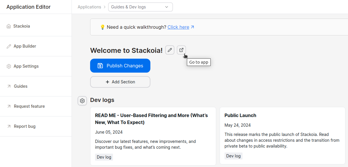 Stackoia application builder hover over published URL